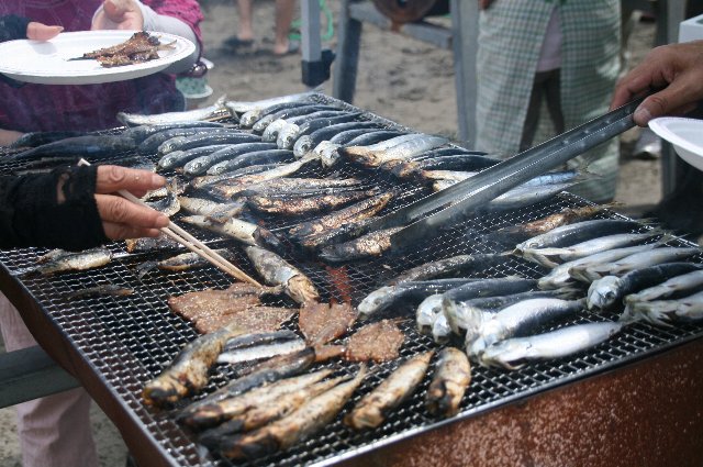 観光客に振る舞われたイワシの塩焼き