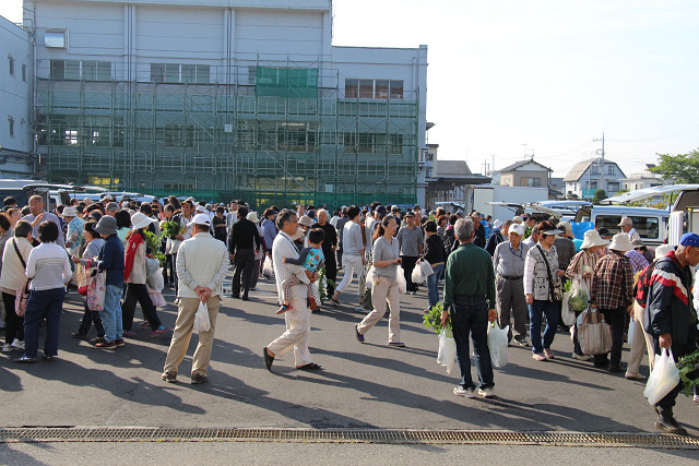 多くの買い物客でにぎわった朝市会場