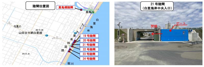 陸閘位置図、21号陸閘（白里海岸中央入口）